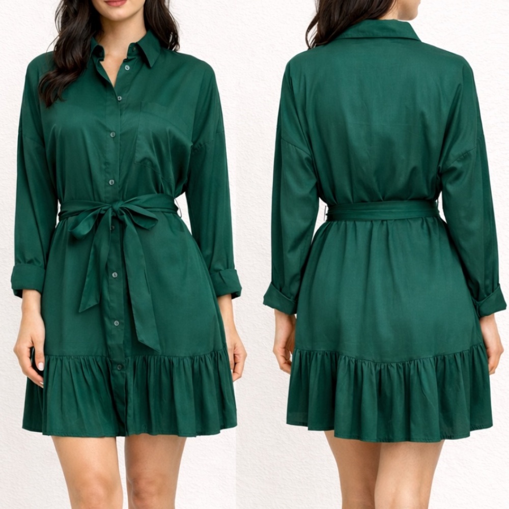 Zara Hunter Green Belted Shirt Dress Ruffle Hem Size S